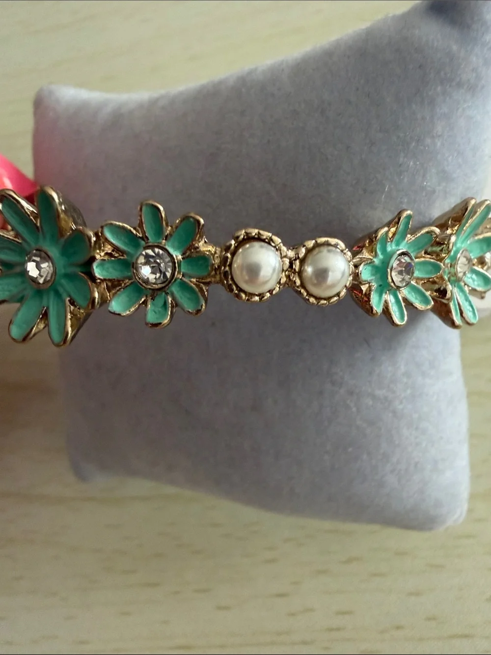 Floral Green Enamel and Pearl Bracelet - Women Jewelry
